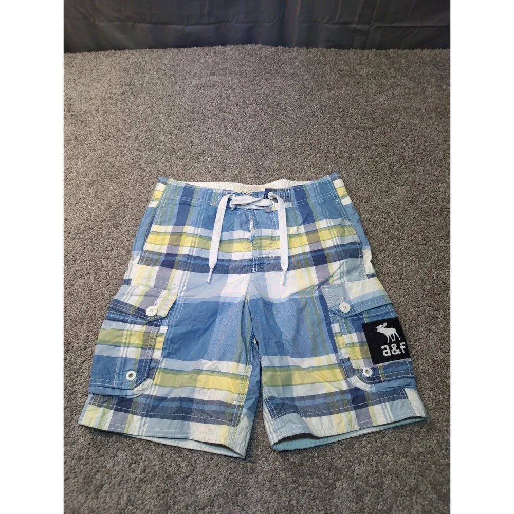 Abercrombie Fitch Kids Plaid Cargo Swim Trunks Shorts Blue Yellow White Size M